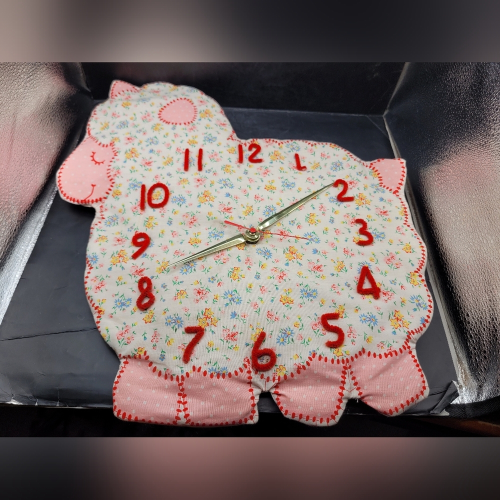 Handmade Fabric Sheep Wall Clock Floral Patchwork Folk Art Kitsch Tested Works
